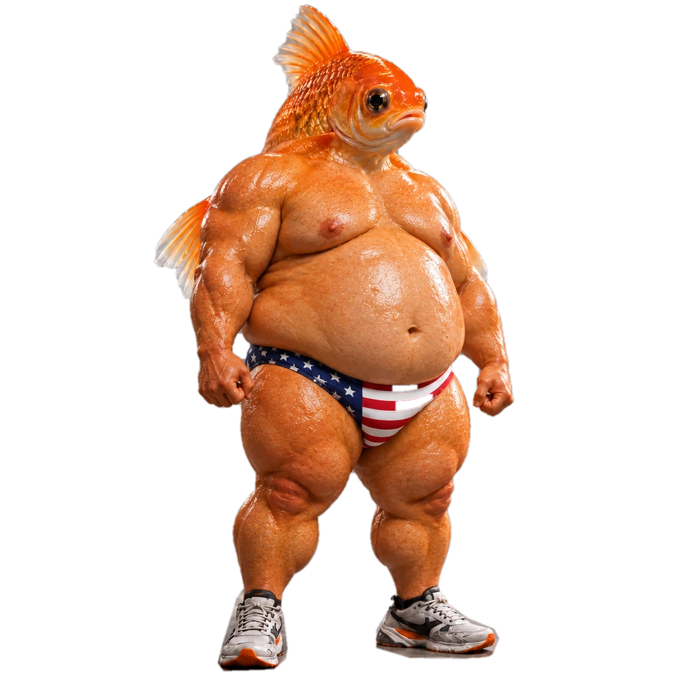 Full-body portrait of the LEGGO goldfish mascot in its iconic American flag swimsuit.